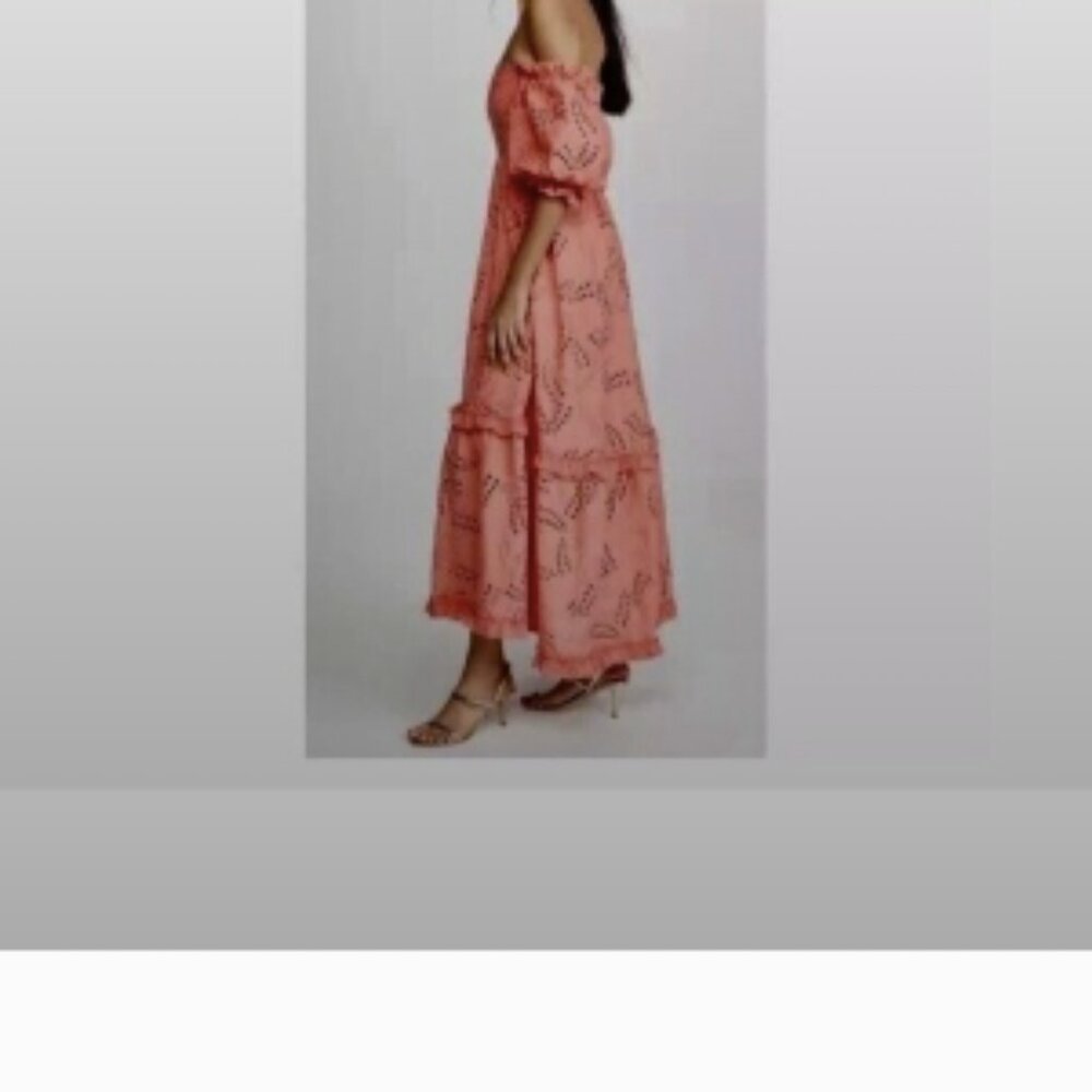 Waimari Belmond Coral Pink Puff Sleeve Eyelet Lace Peasant Maxi Dress Size S - Picture 3 of 9